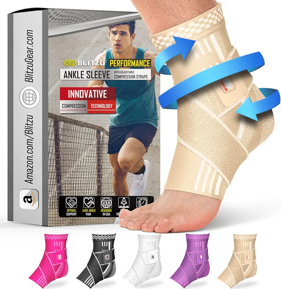 BLITZU Ankle Brace With Adjustable Compression Support Strap for Achilles Tendonitis, Joint Pain Relief. Ankle Wrap for Women & Men. Sprained Ankle Protectors Sleeve for Heel Pain Foot Arch Nude L