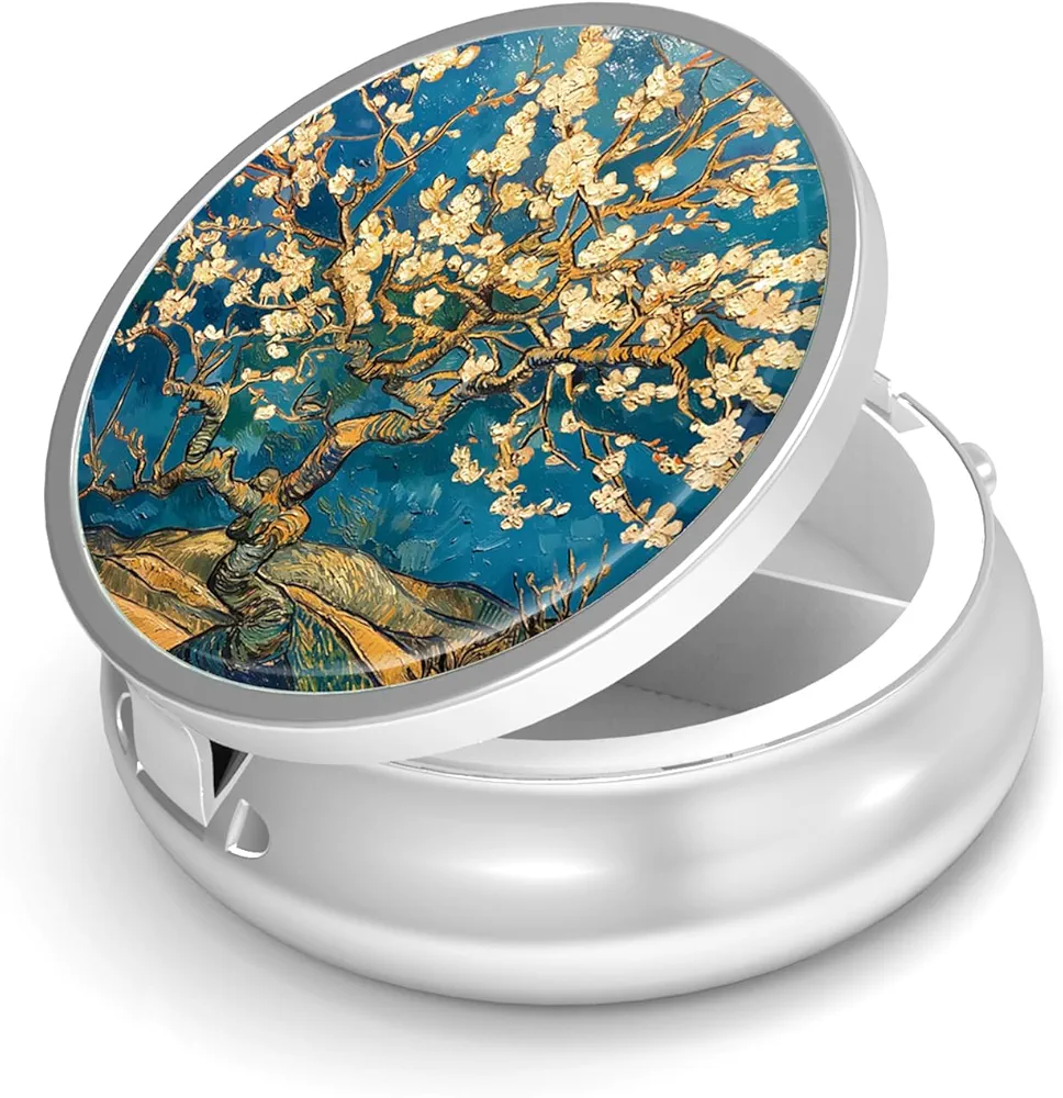 Pill Box, Small Pill Case for Purse & Pocket, Metal Decorative Pill Organizer, Cute Portable Travel Pill Container Holder to Hold Supplements, Vitamins, Fish Oil, BPA-Free(Almond Blossom-Van Gogh)