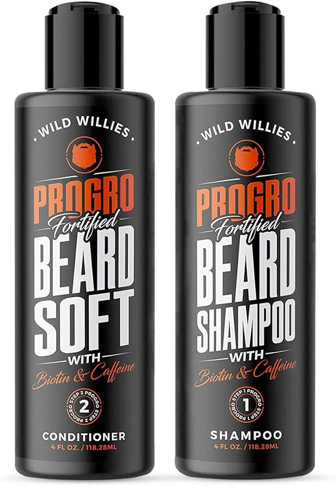 Wild Willies Moisturizing Beard Shampoo & Conditioner Kit, PROGRO - Fortified with Biotin & Caffeine for Facial Hair Growth, Hydration, & Softener, 4oz