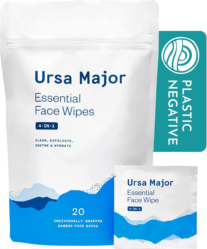 Ursa Major Essential Face Wipes | Natural, Biodegradable, Cruelty-Free | Cleanse, Exfoliate, Soothe and Hydrate | Individually Wrapped | 20 Count