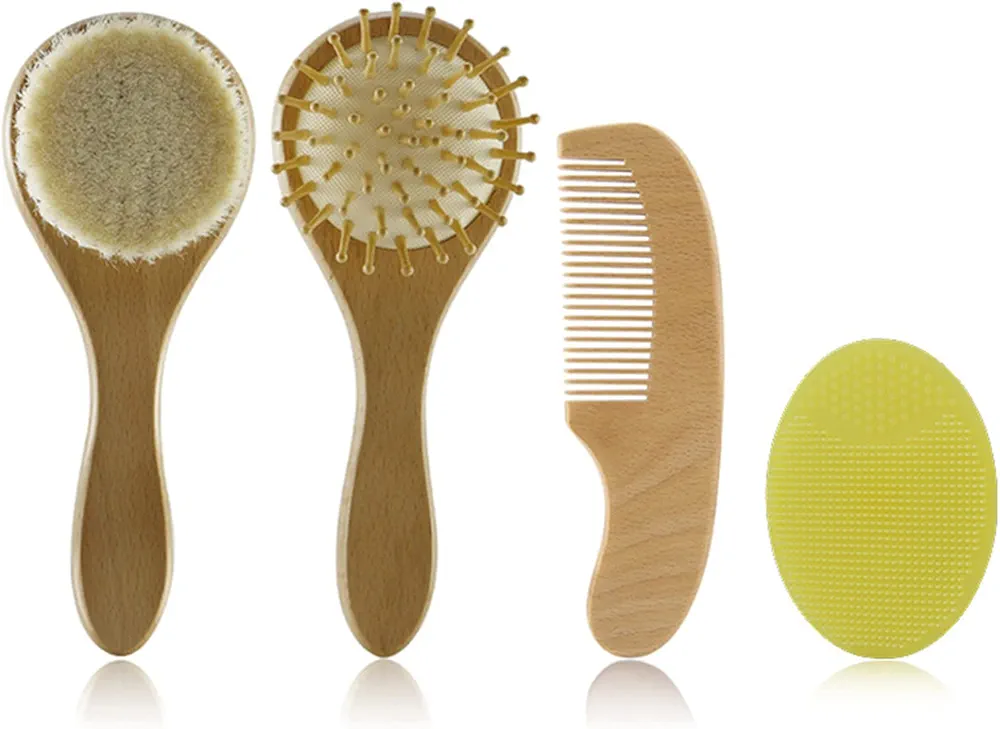 Wooden-Hair Brush & Comb Set For Infant Natural Woolen Bristle Hair Brush Baby Body Massage Soothe Brush Product Baby Hair Comb And Brush Set For Girls Boys Bath