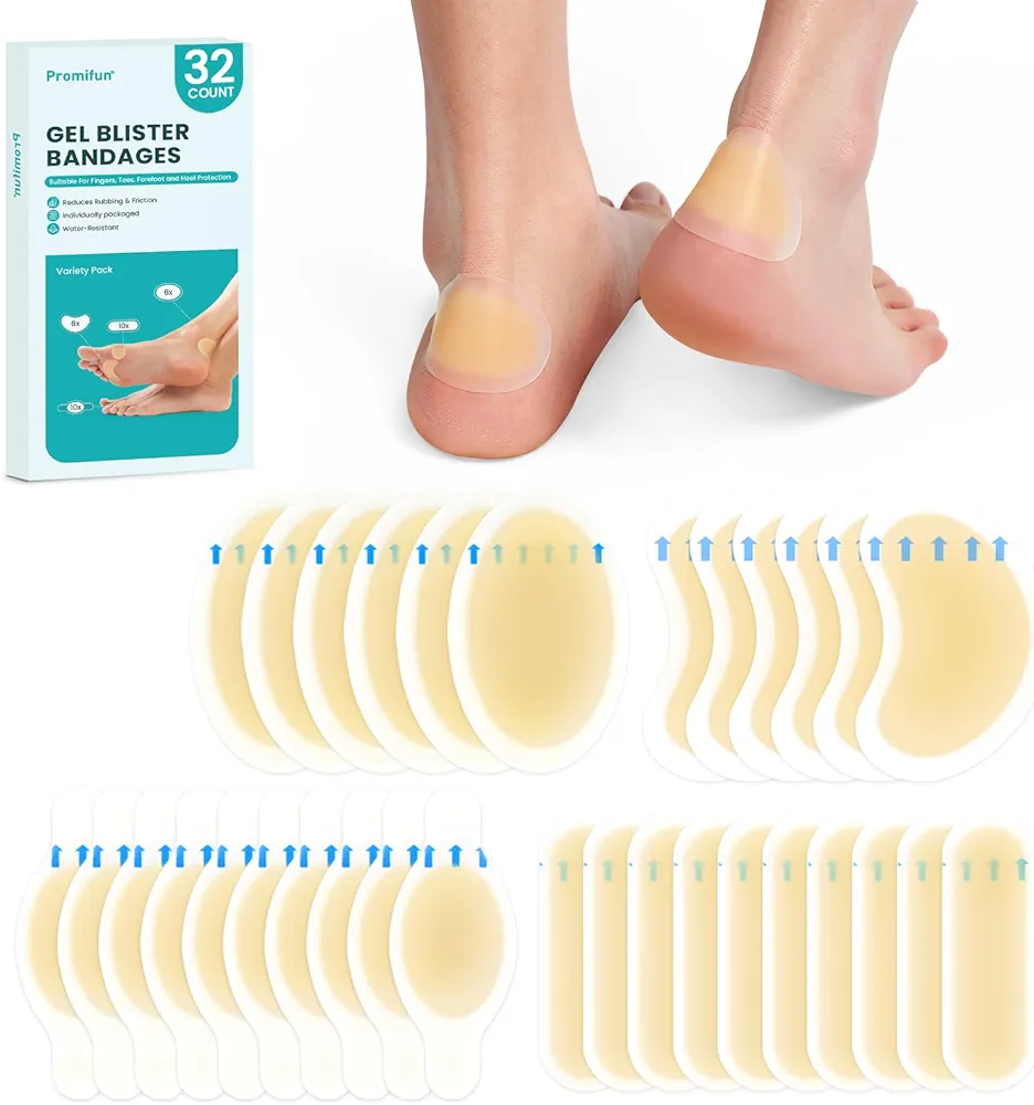 Hydrocolloid Gel Blister Bandages Pads - Promifun Waterproof Adhesive Blisters Bandages - Blister Pads for Heel, Foot, Toe, Feet - Gel Blister Chshions for Prevention & Recovery (32ct,Variety Pack)