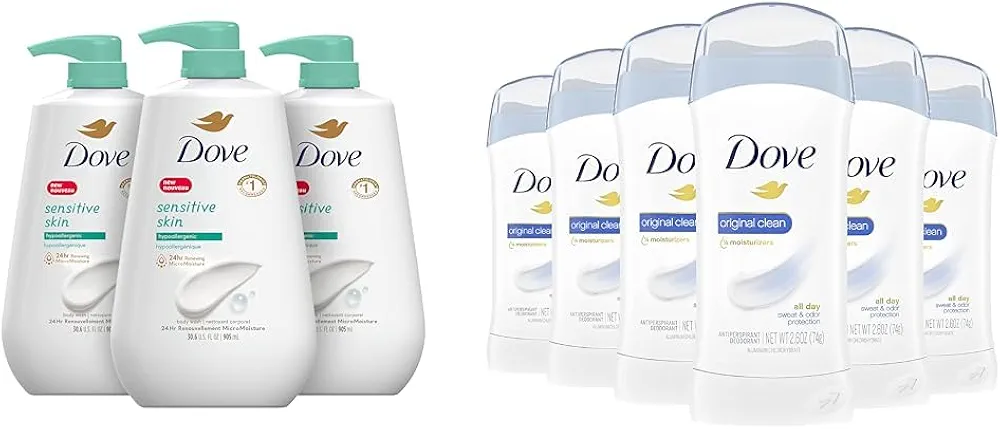 Dove Sensitive Skin Body Wash 30.6 fl oz Pack of 3 and Invisible Solid Antiperspirant Deodorant Stick for Women Original Clean 2.6 Ounce Pack of 6