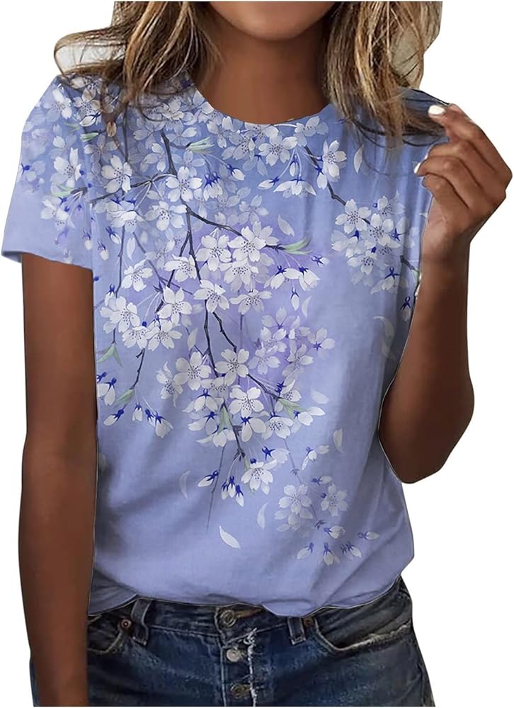 Womens Tops Casual Cute Floral Print Tshirt Summer Petite Round Neck Pullover Dressy Trendy Short Sleeve Tunic Blouse