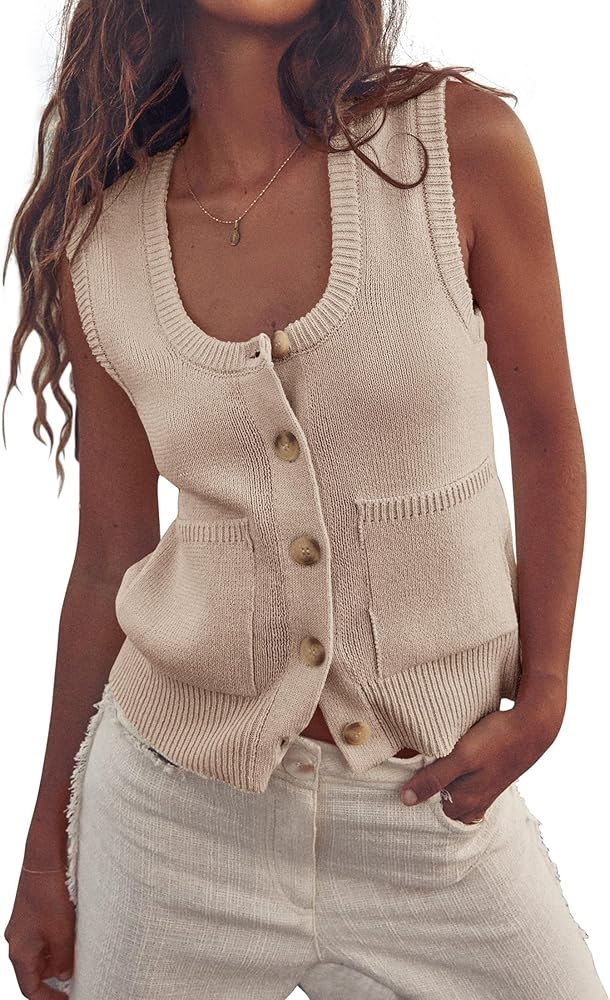 PRETTYGARDEN Women's 2024 Spring Vests Sleeveless Button Down Knitted Tank Tops Casual Y2K Sweater Top Blouse with Pockets