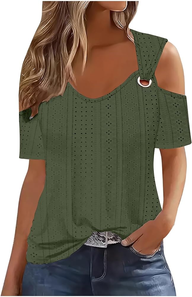 Sexy Clod Sholuder Tops for Women 2024 Summer Hollow Out Eyelet Short Sleeve T Shirts Going Out Blouses Ladies Tunic