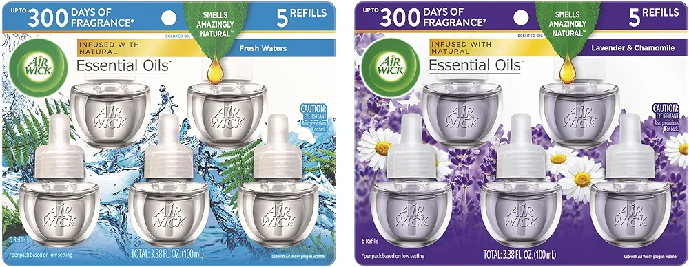 Air Wick plug in Scented Oil 5 Refills, Lavender & Chamomile, Essential Oils, Air Freshener AND Air Wick plug in Scented Oil 5 Refills, Fresh Waters, (5x0.67oz), Essential Oils, Air Freshener