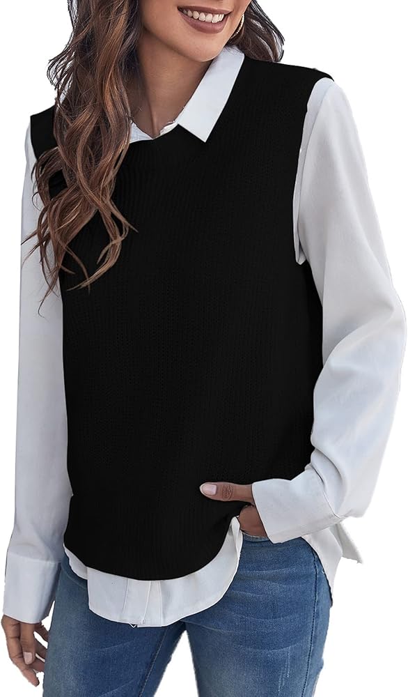 Verdusa Women's Casual Split Round Neck Sleeveless Pullover Top Sweater Vest