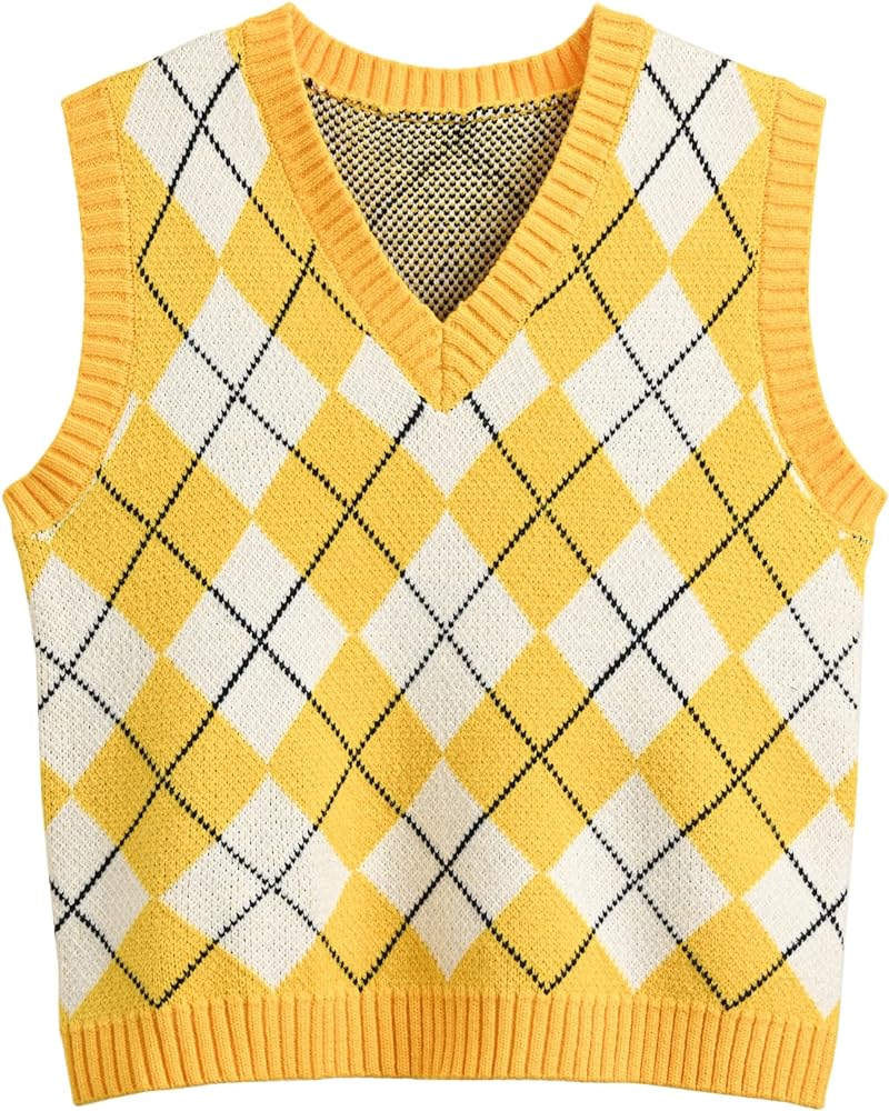 Hyipels Women's Sweater Vest,Y2K Sleeveless Pattern Preppy Style Knitted Crop Tank Top for Girl