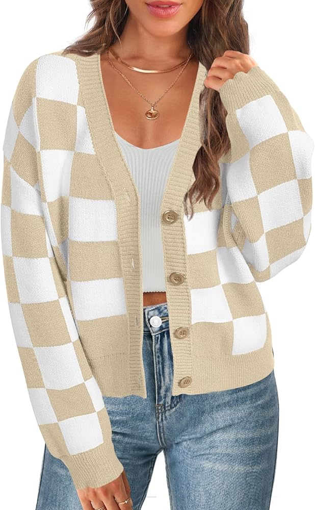 MEROKEETY Women's Cropped Cardigan Sweater Plaid Long Sleeve Button V Neck Open Front Knit Outerwear