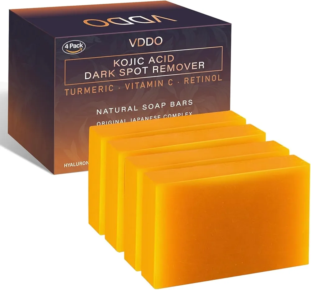 VDDO-Kojic-Acid-Soap, Turmeric Soap for Dark spots with Vitamin C, Vitamin E,Retinol, Collagen, Turmeric - Original,Olive Oil,Hyaluronic Acid for Reduces Dark Spots - 105g*4Pack