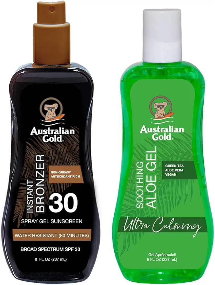 Australian Gold Sunscreen Gel Spray with Bronzer + Soothing After Sun Aloe Vera Gel, Hydrating Sunburn Relief & Broad Spectrum UVA/UVB SPF 30 Sunscreen Spray, Cruelty-Free & Vegan Skin Care Set