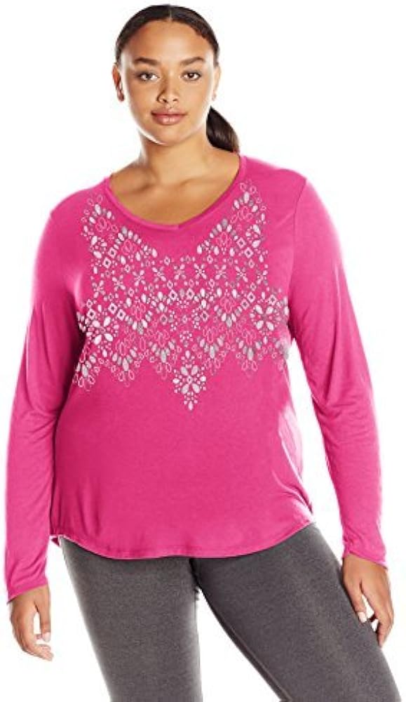 JUST MY SIZE Women's Plus Size Long Sleeve Graphic V-Neck Tee