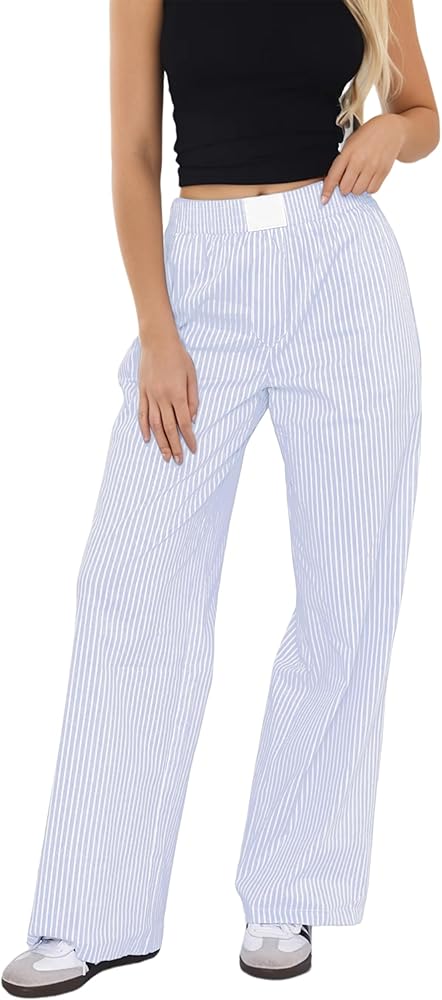 Women Elastic Waist Striped Pants Y2K Wide Leg Striped Print Trousers Low Waist Striped Lounge Pants with Pockets