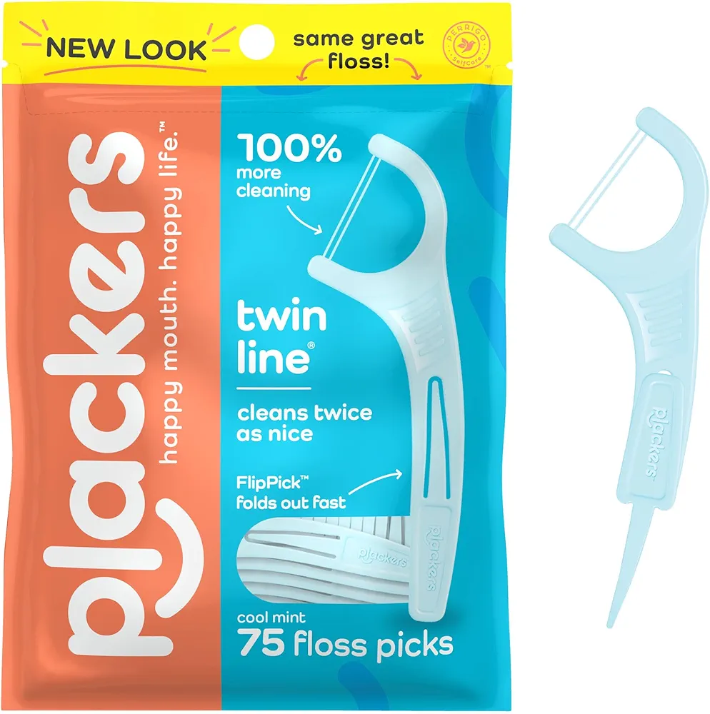 Plackers Twin-Line Dental Flossers, Cool Mint Flavor, Dual Action Flossing System, Easy Storage, Super Tuffloss, 2X The Clean, 75 Count