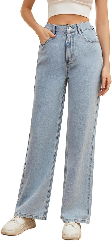 SweatyRocks Women's Casual Loose High Waist Solid Straight Wide Leg Jeans