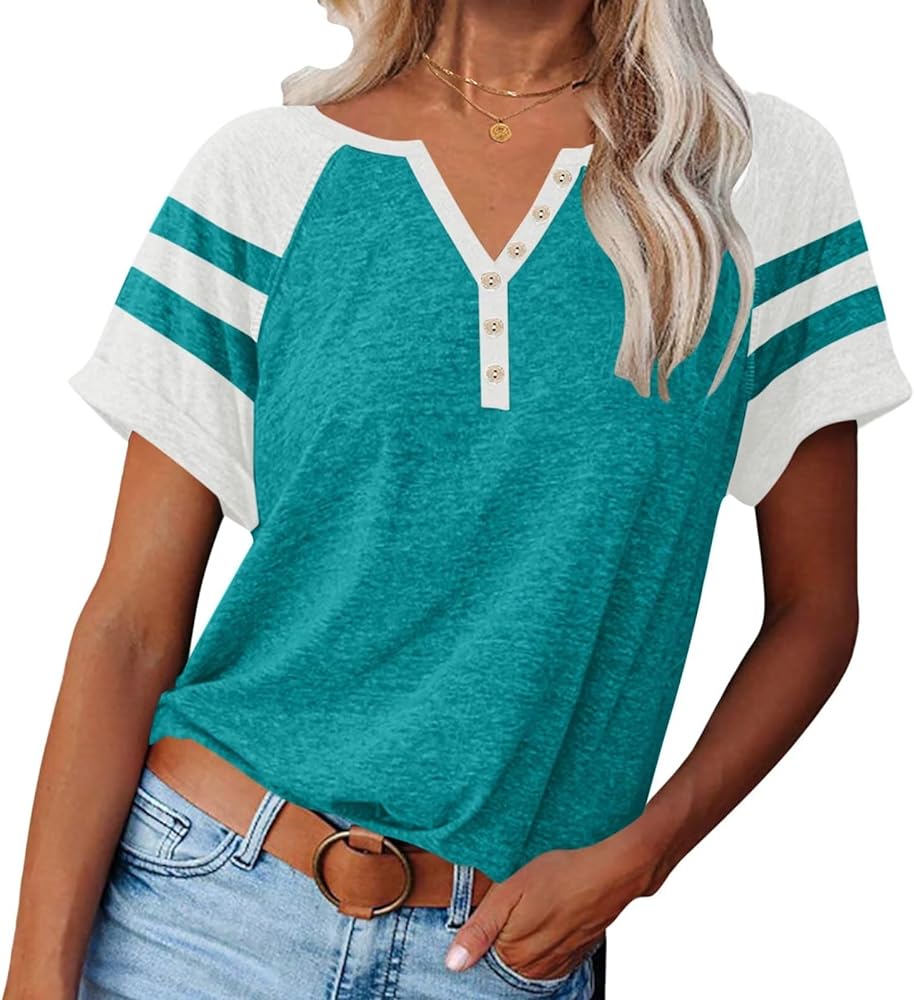 Women Henley Raglan Short Sleeve Tops Color Block Summer Tee Shirts Button Down Y2K Casual T-Shirts