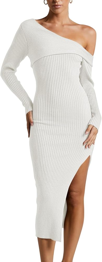 Women's Long Sleeve One Shoulder Bodycon Sweater Dress Slit Slim Fit Ribbed Knit Midi Dress