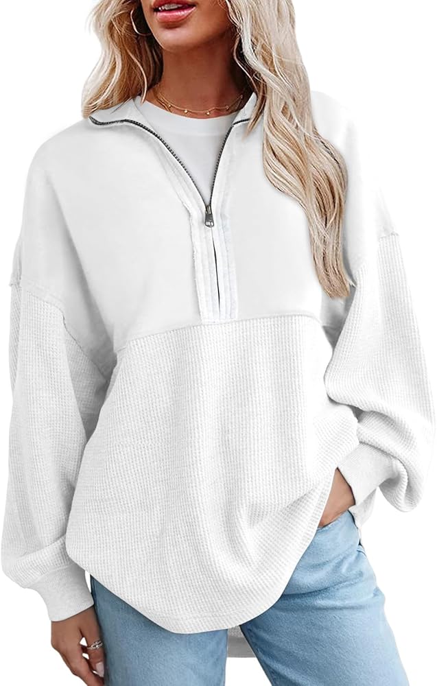 SHEWIN Womens Sweatshirt Casual Waffle Knit Half Zip Pullover Loose Long Sleeve Tops Fall Outfit Clothes 2024