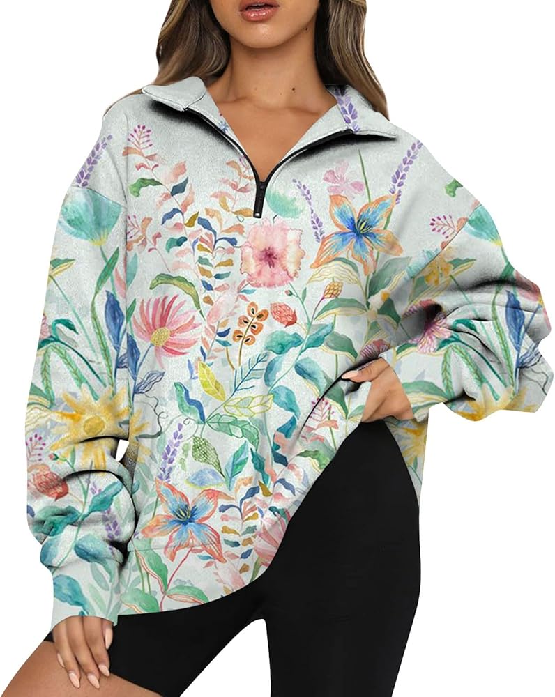 Comfy Clothes For Women Women's Casual Fashion Long Sleeve Flower Print Oversize Zip Sweatshirt Top