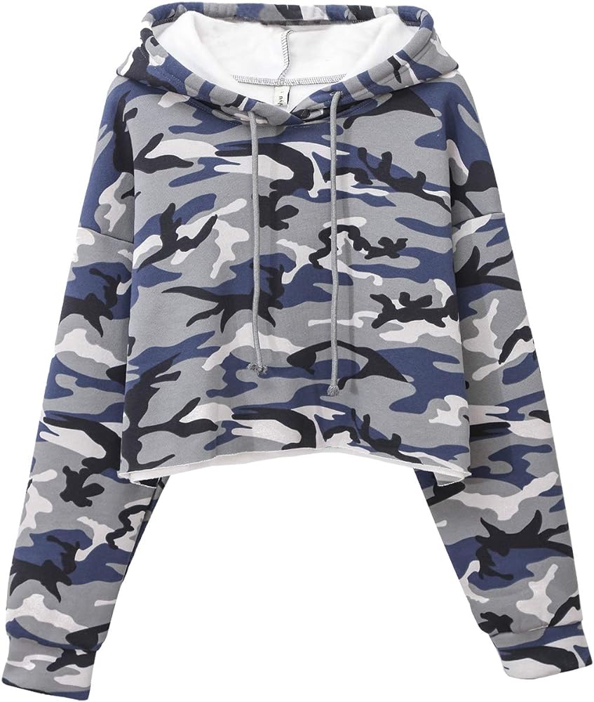 Amazhiyu Women's Camo Cropped Hoodie Long Sleeves Fleece Crop Tops with Hooded