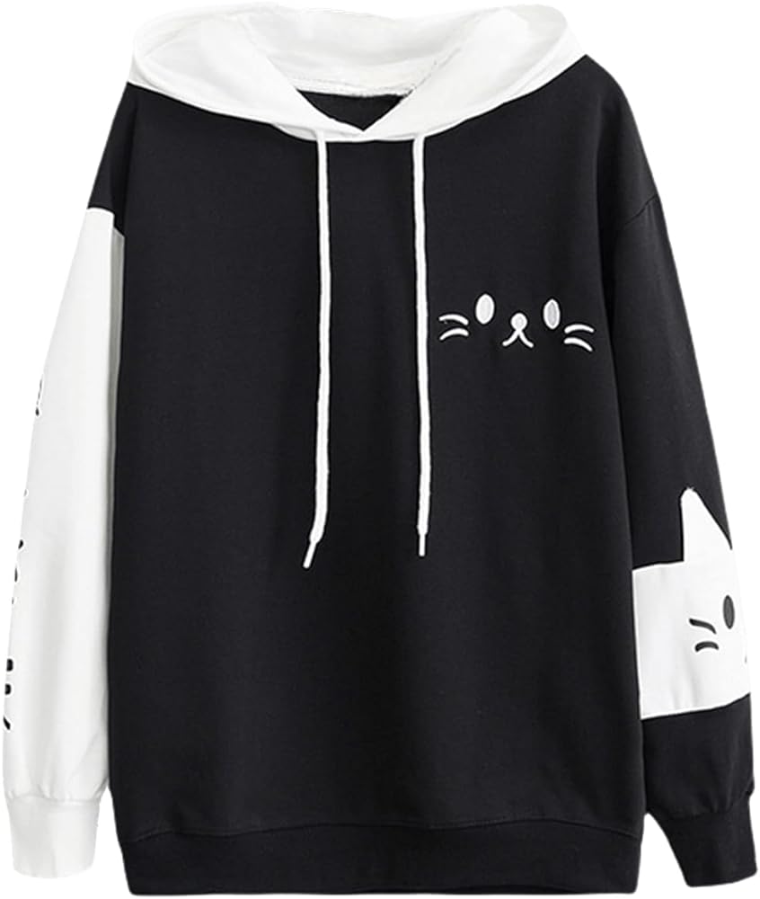 Women Kawaii Meow Cat Ear Hoodie Japanese Black White Preppy Hooded Sweatshirt Cute Streetwear Fall Winter Warm Tops