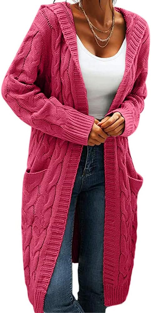 Women Hooded Open Front Cardigan Cable Knit Sweaters Solid Color Chunky Long Sweater Coats