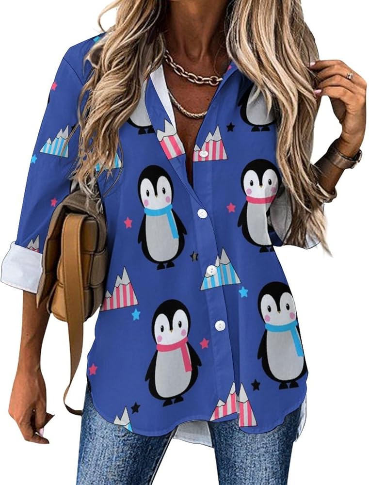 Penguin Scarf Classic Shirts for Women Long Sleeve Blouse Casual V Neck Tee Tops Work Office