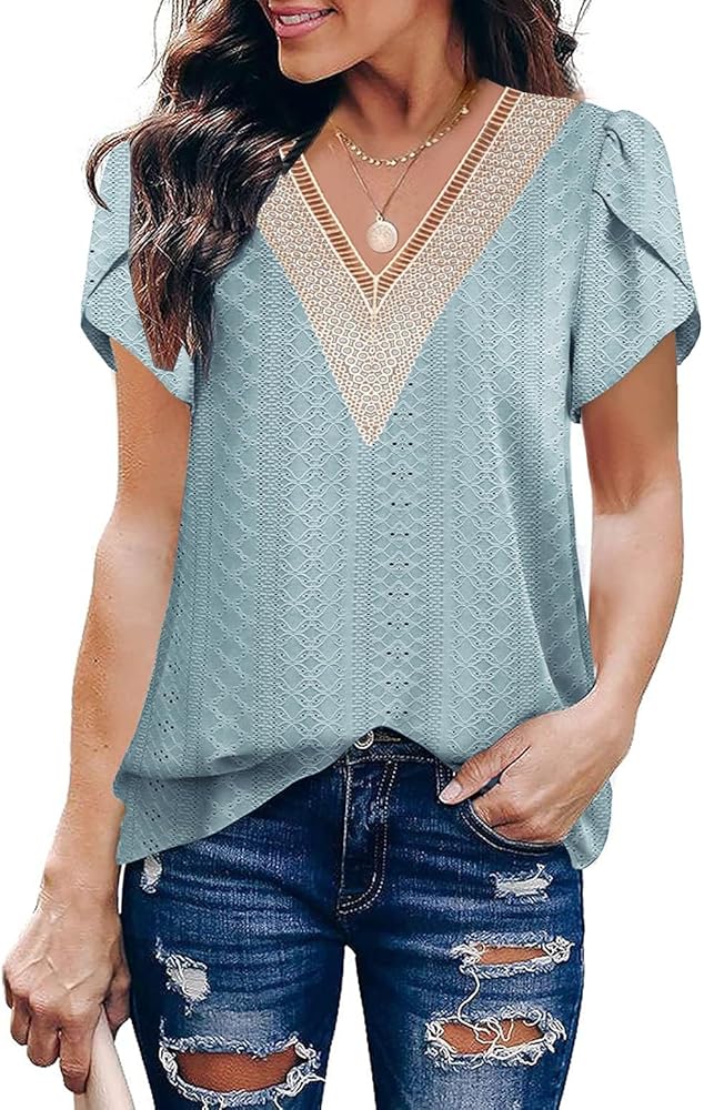 Womens Summer Tops Casual Country V Neck Lace Tee Shirts Petal Sleeve Fashion Loose Fit Blouse