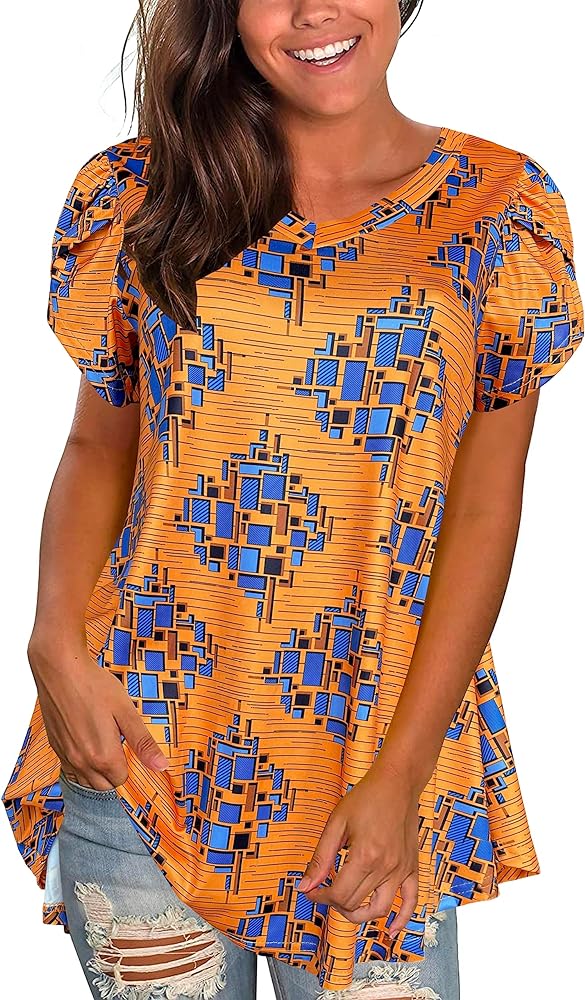 Afibi Womens Print Shirt African Dashiki Short Sleeve V Neck Loose Tunic Tops