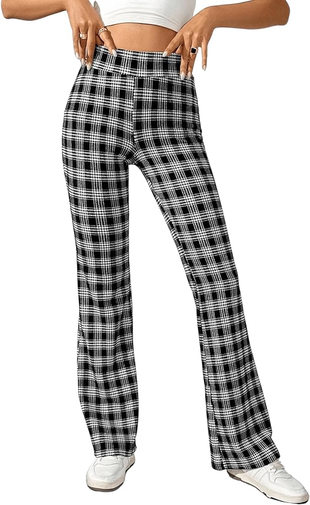 SweatyRocks Women's High Elastic Waist Plaid Print Pants Casual Flare Leg Long Trouser Pants