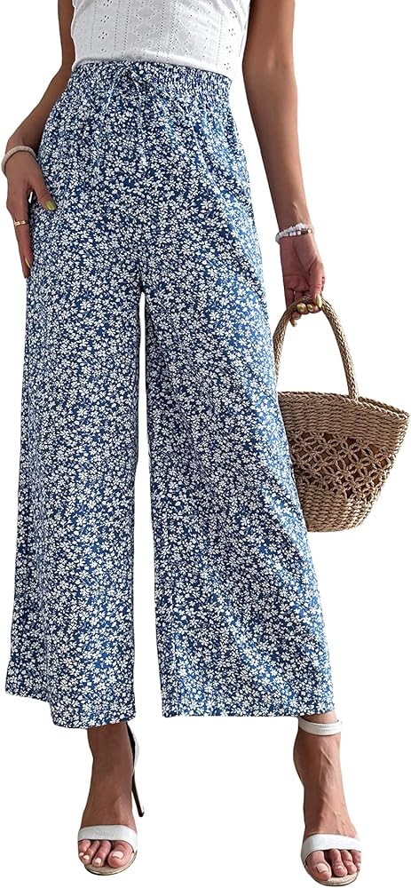 Floerns Women's Boho Printed Tie Front Drawstring High Waist Wide Leg Pants