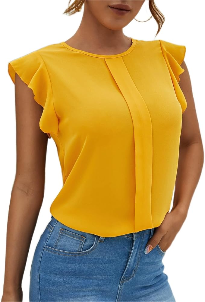 Tops,Tees & Blouses for Women Solid Ruffle Sleeve Top