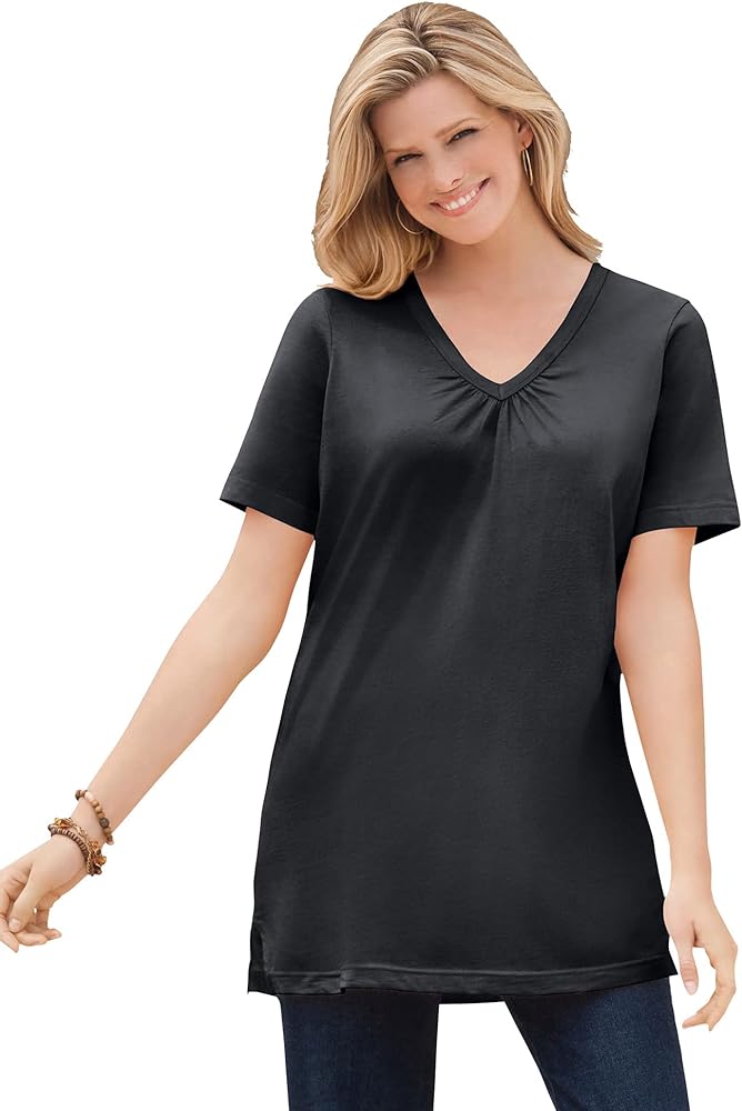 Woman Within Women's Plus Size Perfect Short-Sleeve Shirred V-Neck Tunic