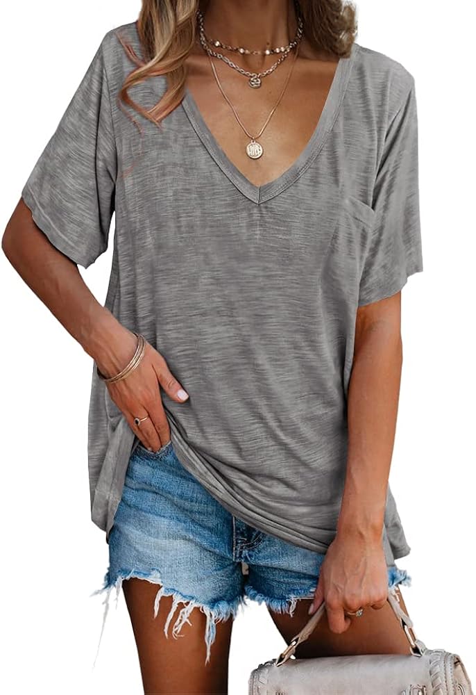 imesrun Womens V Neck TShirts Short Sleeve Loose Casual Summer Tops with Pocket