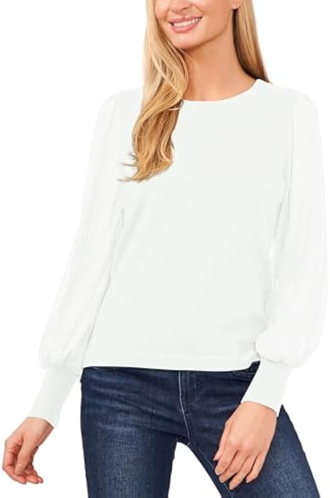 Women's Long Sleeve Sheer-Sleeve Cotton Sweater Top