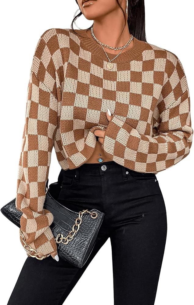 SOLY HUX Women's Plaid Sweater Long Sleeve Drop Shoulder Crop Tops Pullover