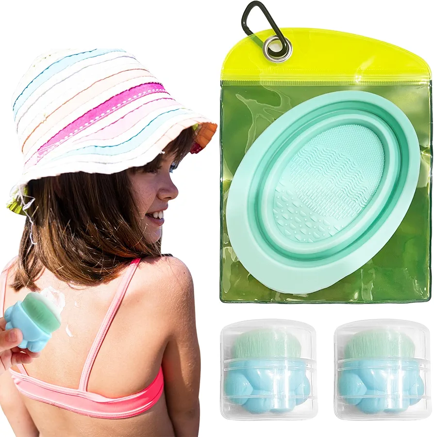 Sunscreen Applicator for Kids,2pc Roll On Sun Block Applicator with Protective Caps,1pc Foldable Silicone Makeup Brush Cleaner Bowl,1pc Reusable Bag,1pc Hooks Clips