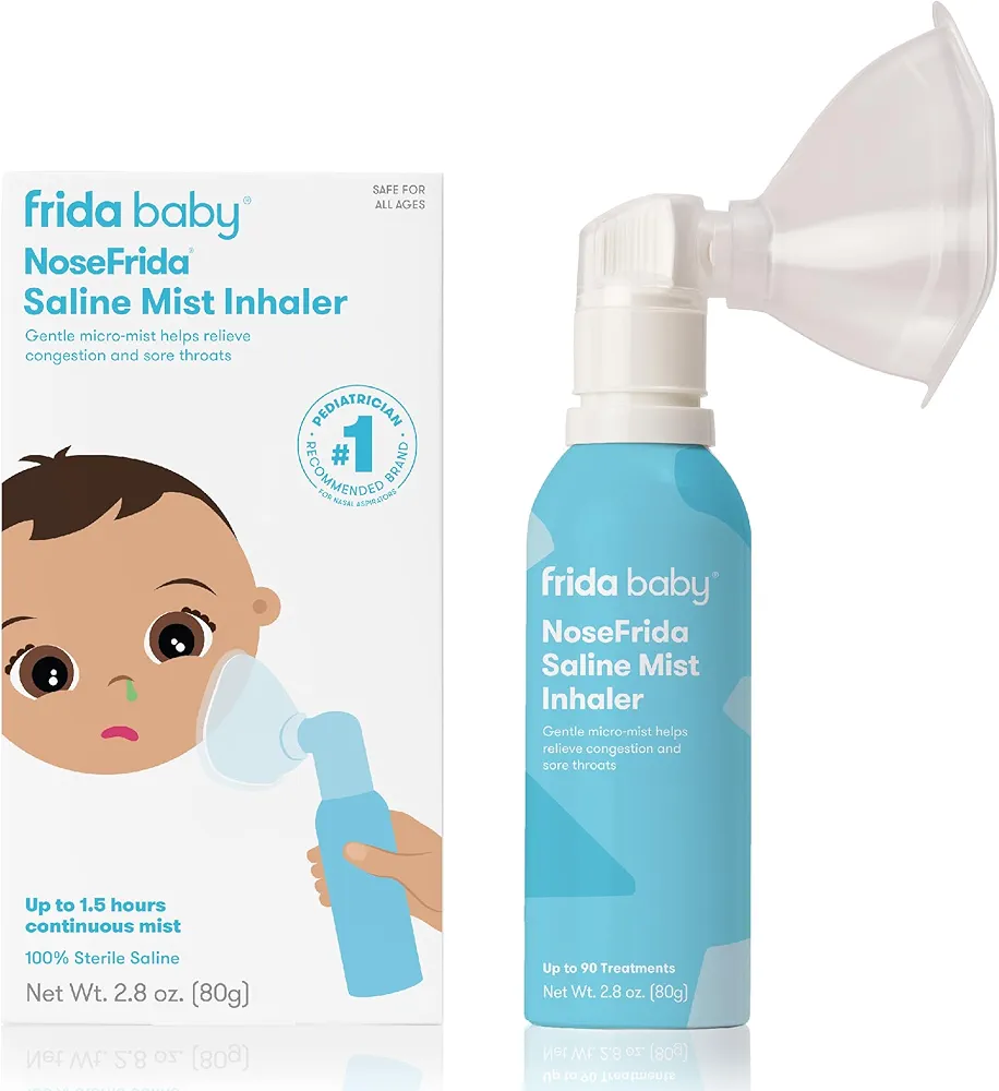 Frida Baby NoseFrida Saline Mist Nasal Inhaler, Allergy Relief and Congestion Relief for Babies + Kids, Nasal Saline Spray, Saline Inhaler Soothes Stuffy Nose and Sore Throat, includes Optional Mask