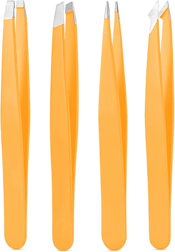 Tweezers Set, High Precision Stainless Steel Eyebrow Tweezers for Facial Hair, Inward Growing Hair and Splinter Remover Kit, Suitable for Women and Men, 4-Piece Set. (Orange)