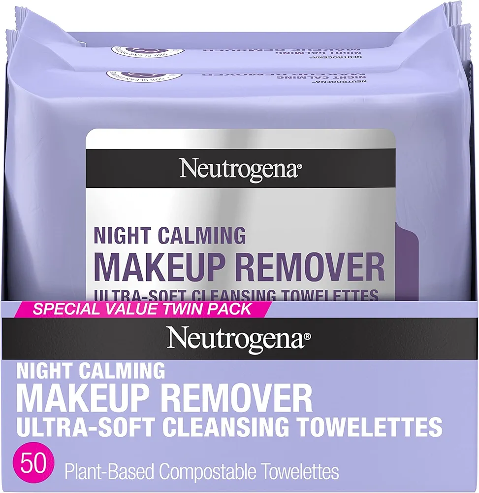 Neutrogena Makeup Remover Night Calming Cleansing Towelettes, Disposable Nighttime Face Wipes to Remove Dirt, Oil & Makeup, 25 ct, Twin Pack