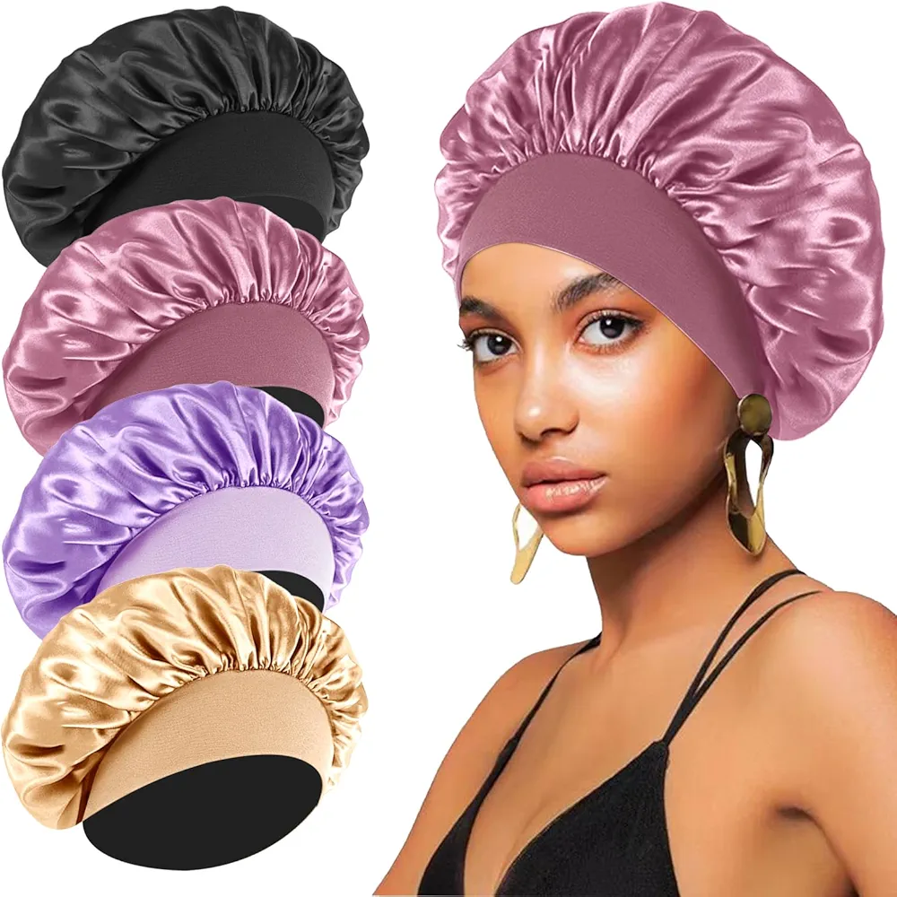 4PCS Silk Bonnet for Sleeping,Hair Wrap Satin Bonnets Shower Cap for Black Women Men, Elastic Wide Band Hair Bonnet Cap for Sleeping Curly Hair(Black & Bean Paste Pink & Purple & Brown)