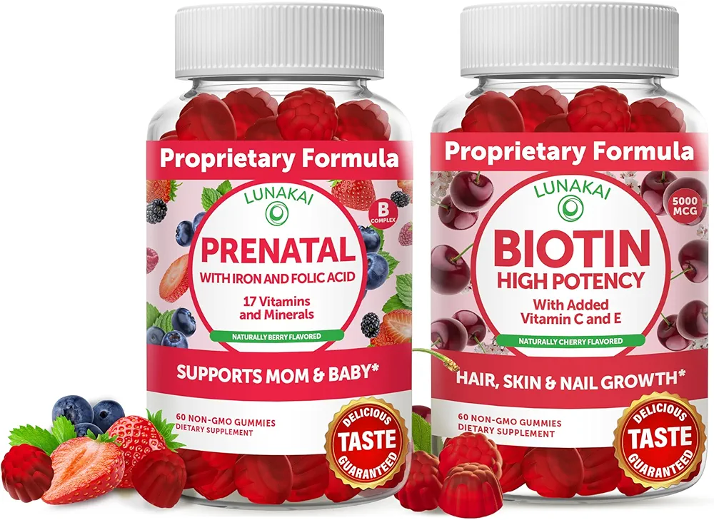 Lunakai Biotin and Prenatal Bundle - Hair Skin and Nails Growth Supplement with Vitamin C and E - Pregnancy Multivitamin Gummy with Iron & Folic Acid - 30 Days Supply