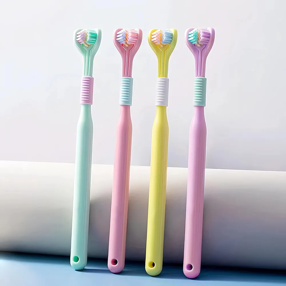 4-piece set of 3-sided toothbrush for adults, soft bristle toothbrush for comprehensive care of teeth and gums, suitable for adults and youth (pink, yellow, purple, green, teenagers)