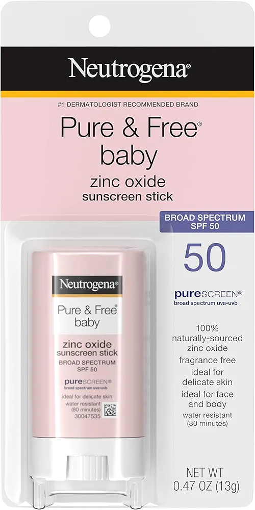 Neutrogena Pure & Free Baby Mineral Sunscreen Stick with Broad Spectrum SPF 50 & Zinc Oxide, Water-Resistant, Hypoallergenic, Paraben-, Dye- & PABA-Free Baby Face & Body Sunscreen, 0.47 oz