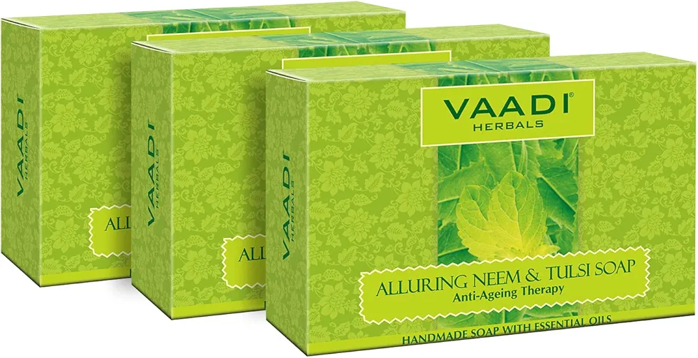 Vaadi Herbals Organic Neem Tulsi Body Soap Bar with Aloe Vera Extracts Vitamin E Tea Tree Oil Anti-aging Anti-Acne Deep Pore Cleansing Removes Pimples Oil Control Sulphate Free All Skin Type 3 X 75 Gm