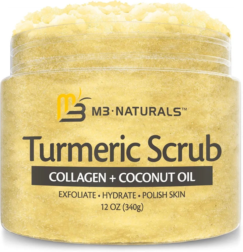 Exfoliating Body Scrub Turmeric Body Scrub and Skin Exfoliator with Collagen and Coconut Oil Gently Exfoliate Face Body Hand and Foot Scrub Moisturizing Body SkinCare products by M3 Naturals