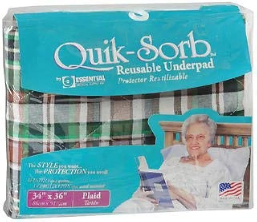 Essential Medical Supply Quik-Sorb Reusable Underpad 34"x36" Plaid - 1 ea, Pack of 4