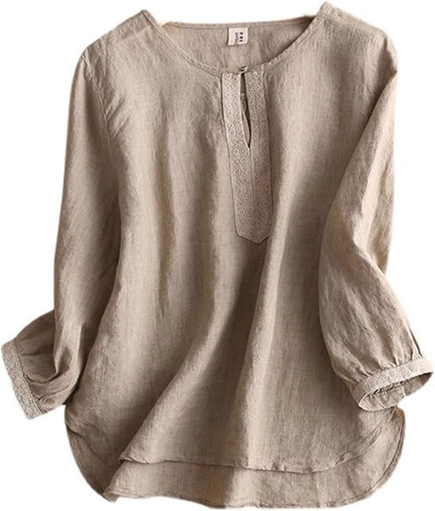 Womens Cotton Linen T-Shirt 3/4 Sleeve Round Neck Loose Linen Blouse Top Lightweight Summer Baggy Pullover Blouse