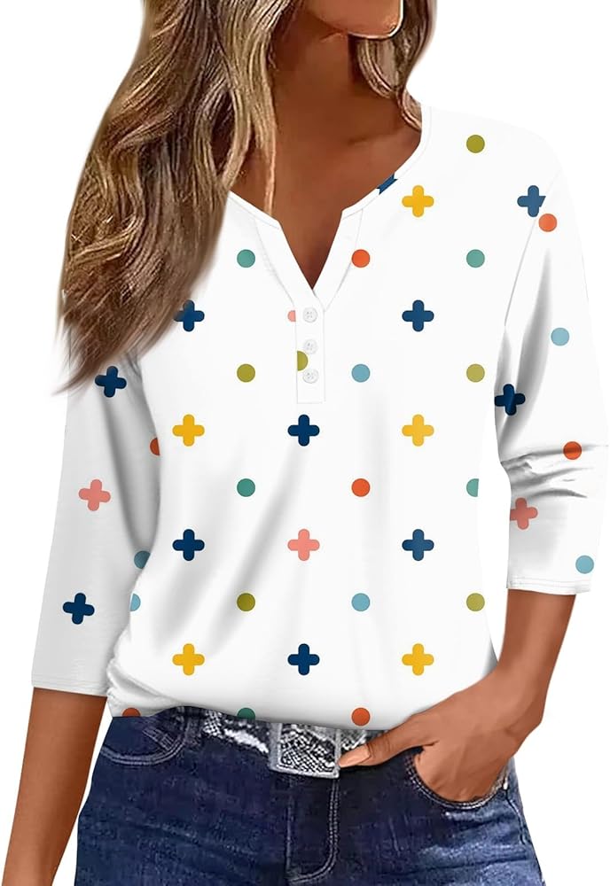 Fall Clothes for Women 2024 Button 3/4 Sleeve Tshirt Trendy Tops Cute Tunics Printed Shirts Clothes Casual Tees